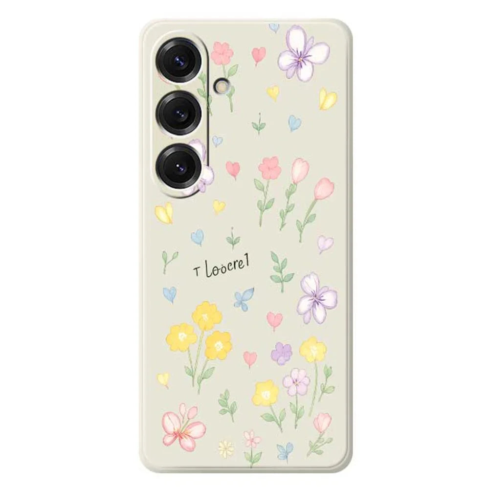 For Samsung Galaxy S25 Case Small Flowers Pattern Printing Straight Edge TPU Phone Back Cover - Beige - 1