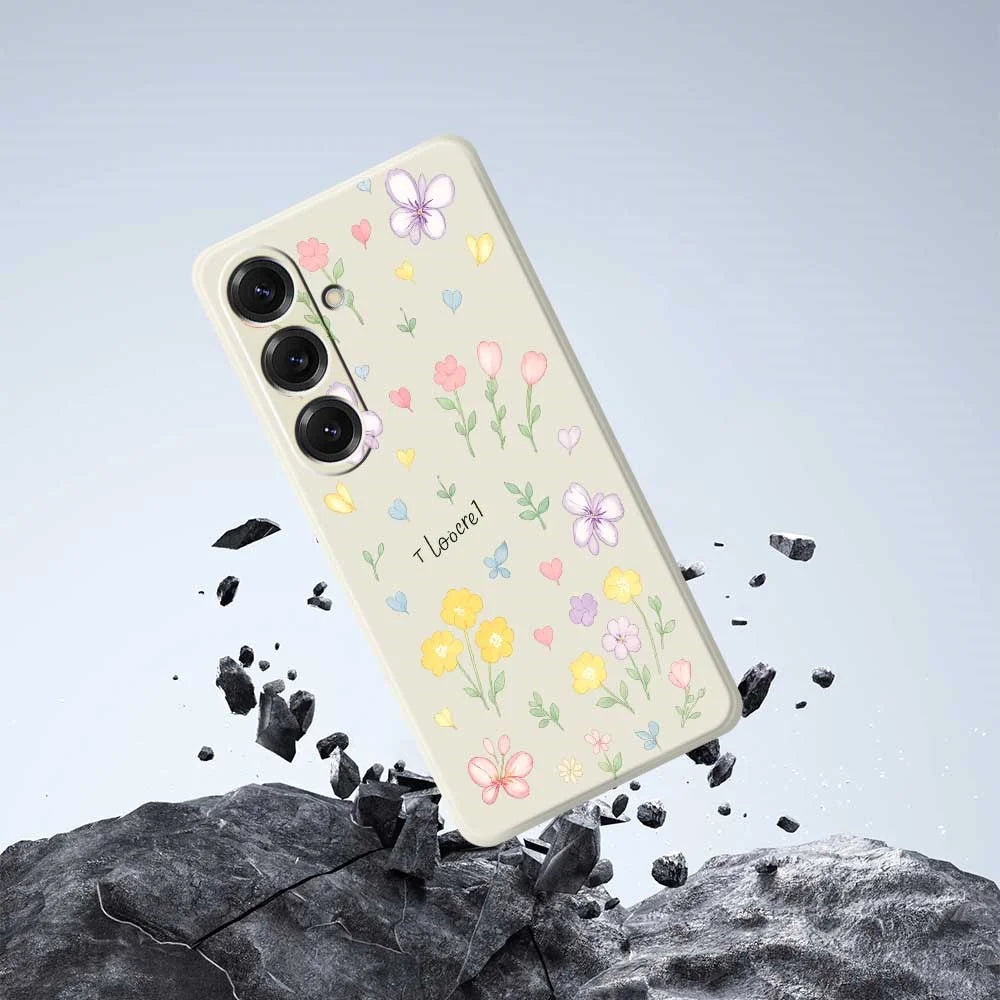 For Samsung Galaxy S25 Case Small Flowers Pattern Printing Straight Edge TPU Phone Back Cover - Beige - 6