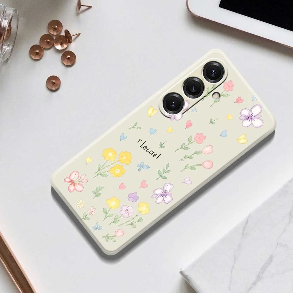 For Samsung Galaxy S25 Case Small Flowers Pattern Printing Straight Edge TPU Phone Back Cover - Beige - 7