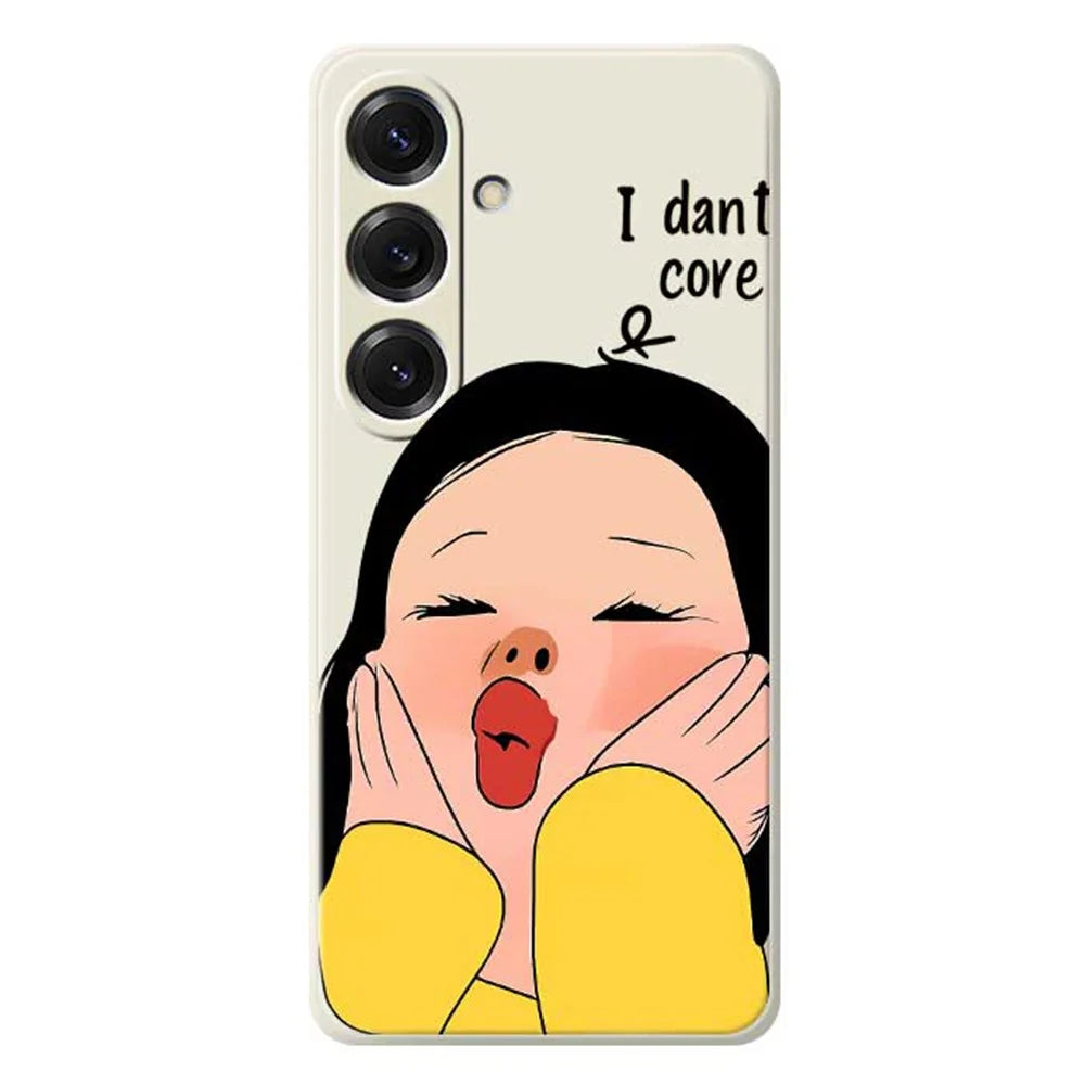 For Samsung Galaxy S25 Case Girl Holding Face Pattern Printing Straight Edge TPU Phone Back Cover - Beige - 1