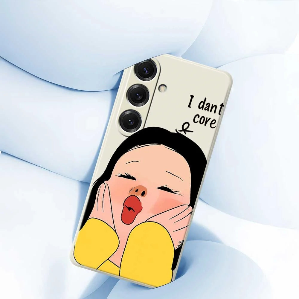 For Samsung Galaxy S25 Case Girl Holding Face Pattern Printing Straight Edge TPU Phone Back Cover - Beige - 5