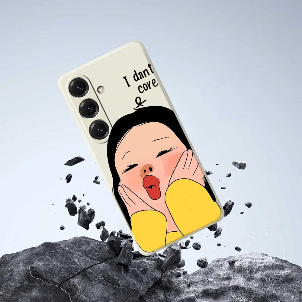For Samsung Galaxy S25 Case Girl Holding Face Pattern Printing Straight Edge TPU Phone Back Cover - Beige - 7