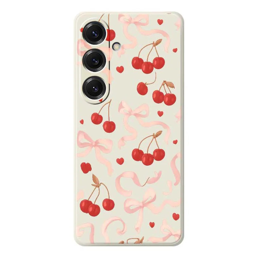 For Samsung Galaxy S25 Case Big Bow Cherry Pattern Printing Straight Edge TPU Phone Back Cover - Beige - 1