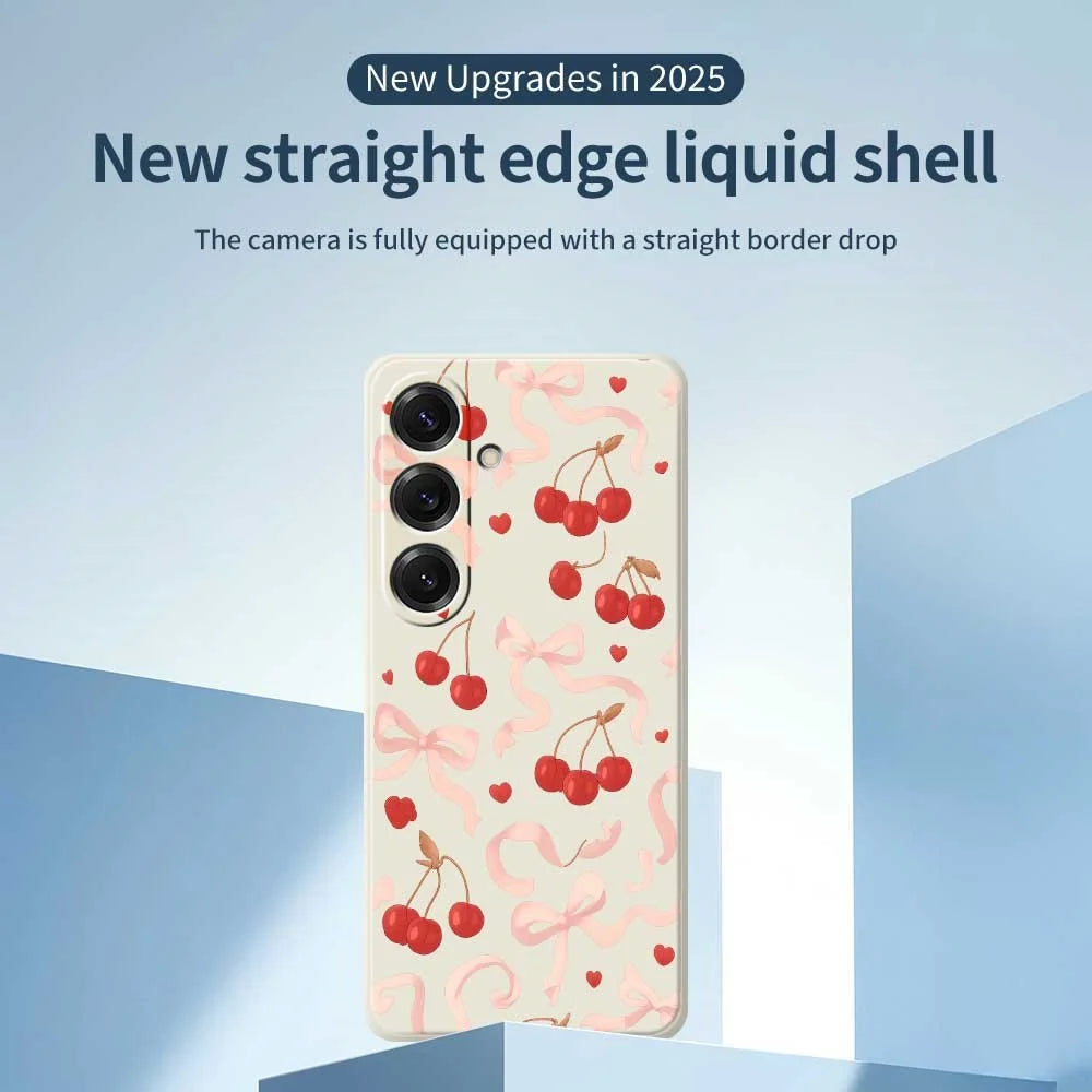 For Samsung Galaxy S25 Case Big Bow Cherry Pattern Printing Straight Edge TPU Phone Back Cover - Beige - 3