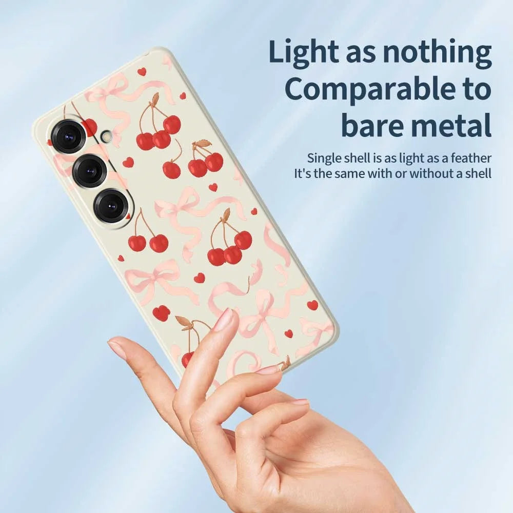 For Samsung Galaxy S25 Case Big Bow Cherry Pattern Printing Straight Edge TPU Phone Back Cover - Beige - 4