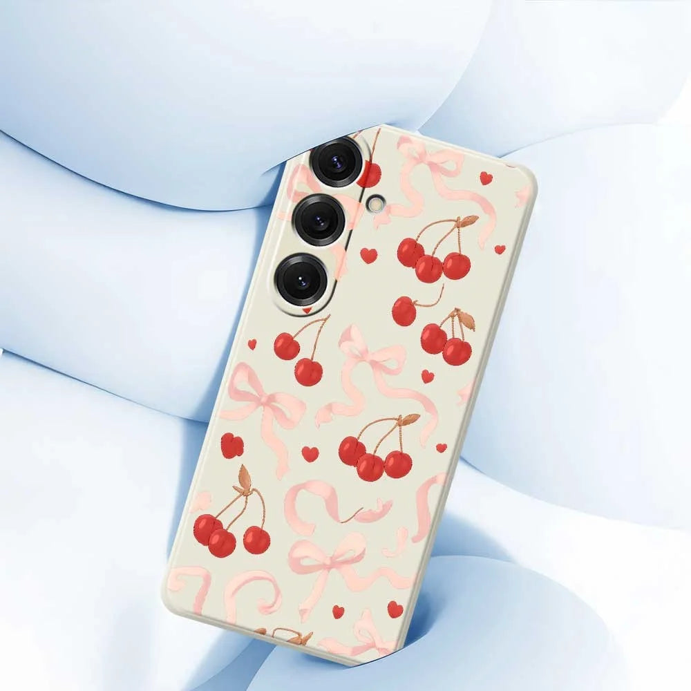 For Samsung Galaxy S25 Case Big Bow Cherry Pattern Printing Straight Edge TPU Phone Back Cover - Beige - 5