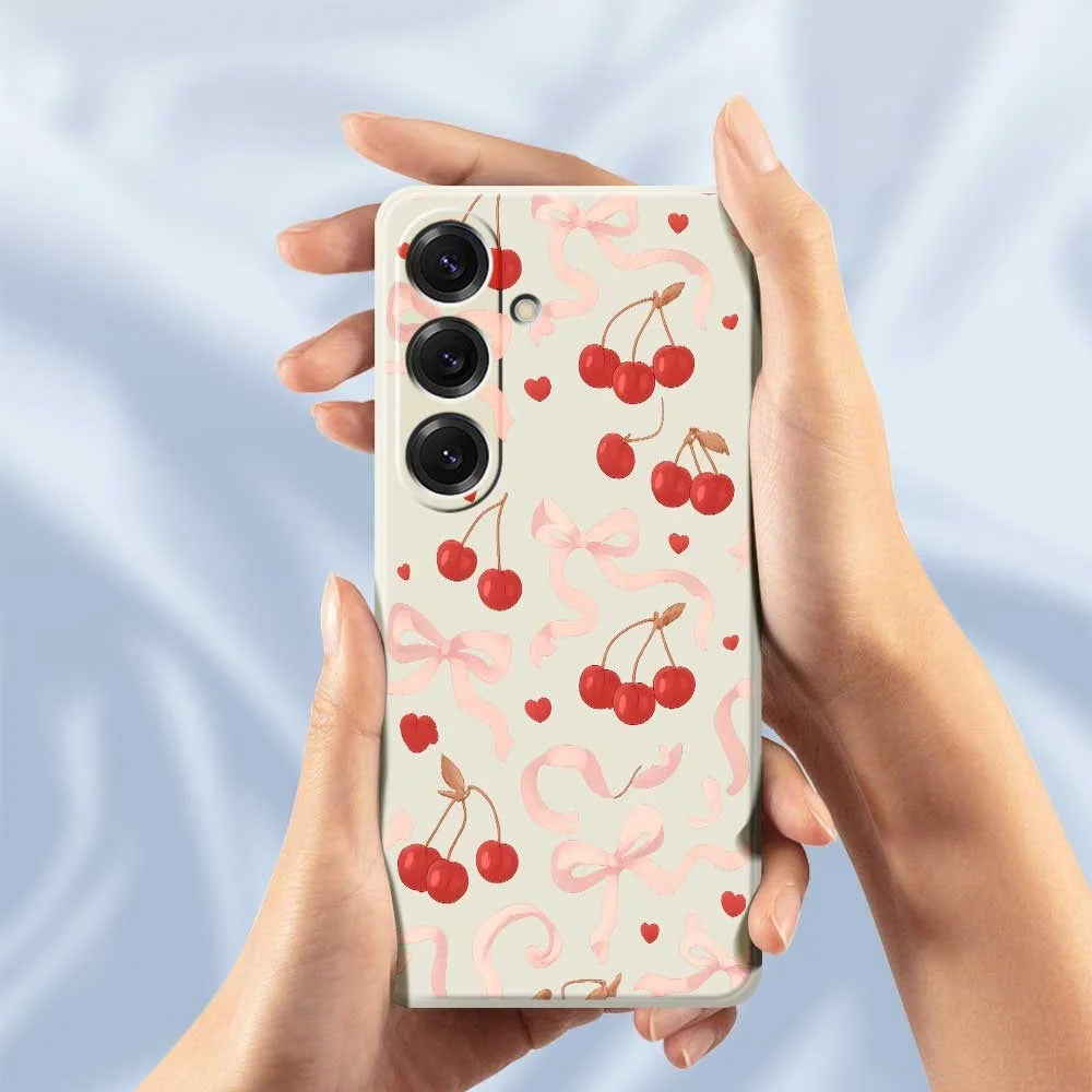 For Samsung Galaxy S25 Case Big Bow Cherry Pattern Printing Straight Edge TPU Phone Back Cover - Beige - 6