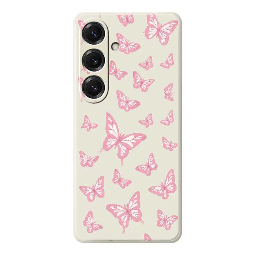For Samsung Galaxy S25 Case Pink Butterflies Pattern Printing Straight Edge TPU Phone Back Cover - Beige - 1