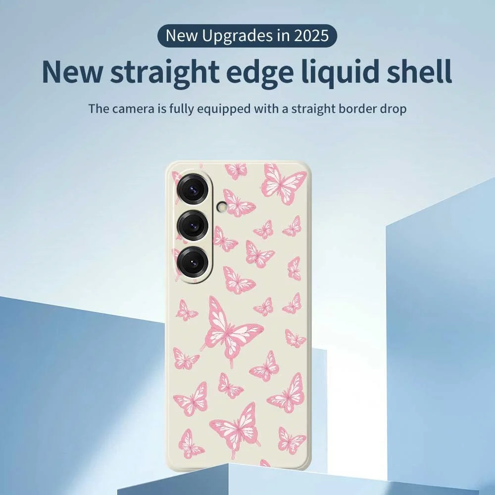 For Samsung Galaxy S25 Case Pink Butterflies Pattern Printing Straight Edge TPU Phone Back Cover - Beige - 3