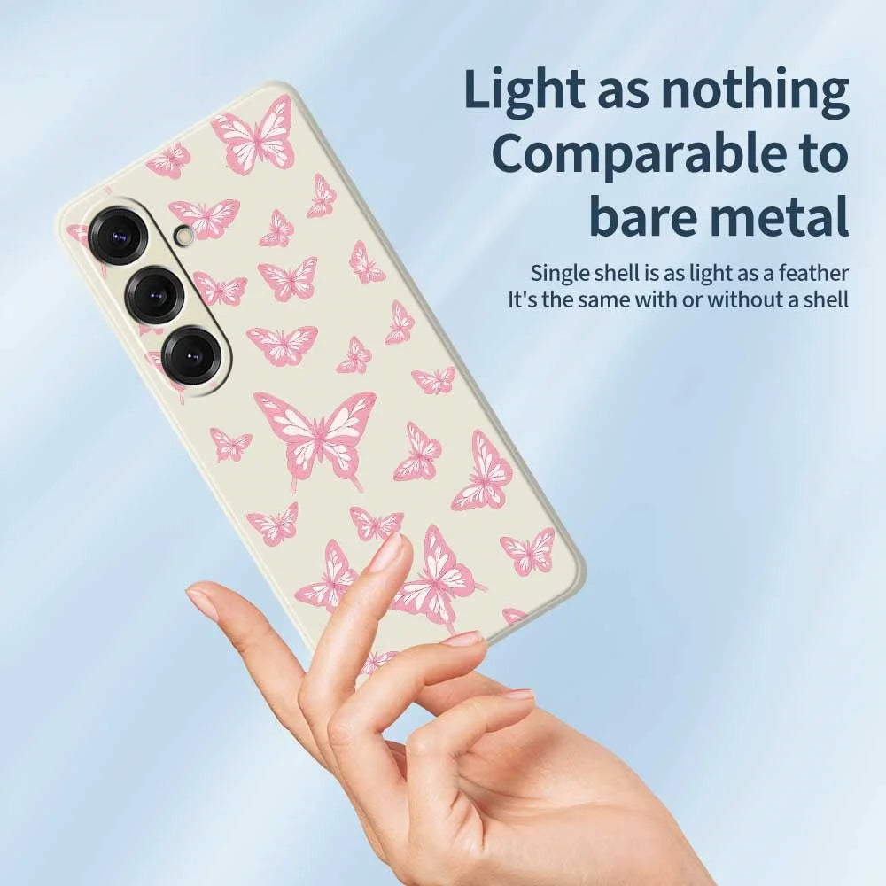 For Samsung Galaxy S25 Case Pink Butterflies Pattern Printing Straight Edge TPU Phone Back Cover - Beige - 4
