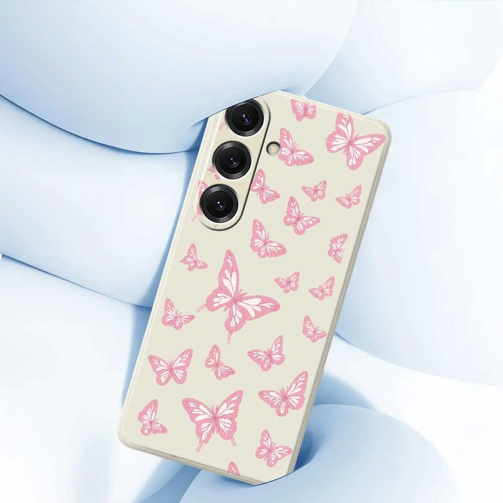 For Samsung Galaxy S25 Case Pink Butterflies Pattern Printing Straight Edge TPU Phone Back Cover - Beige - 5