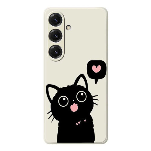For Samsung Galaxy S25 Case Love Black Cat Pattern Printing Straight Edge TPU Phone Back Cover - Beige - 1