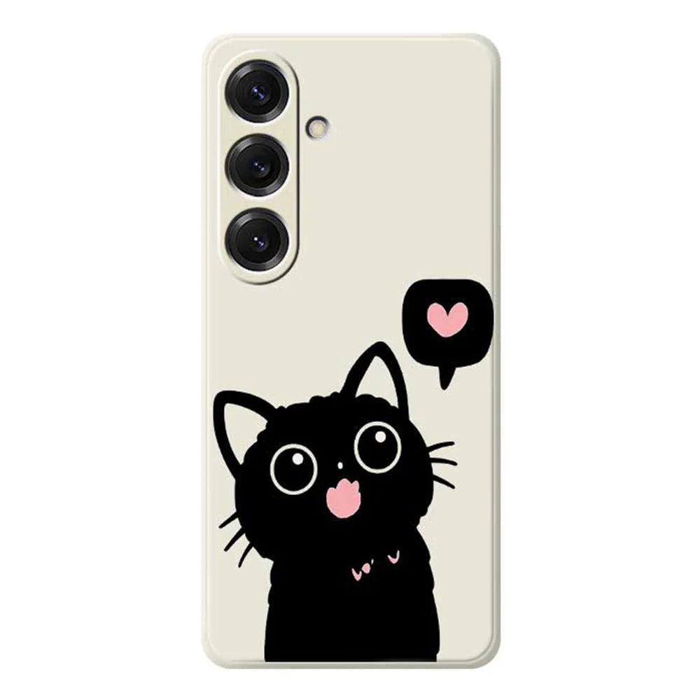 For Samsung Galaxy S25 Case Love Black Cat Pattern Printing Straight Edge TPU Phone Back Cover - Beige - 1
