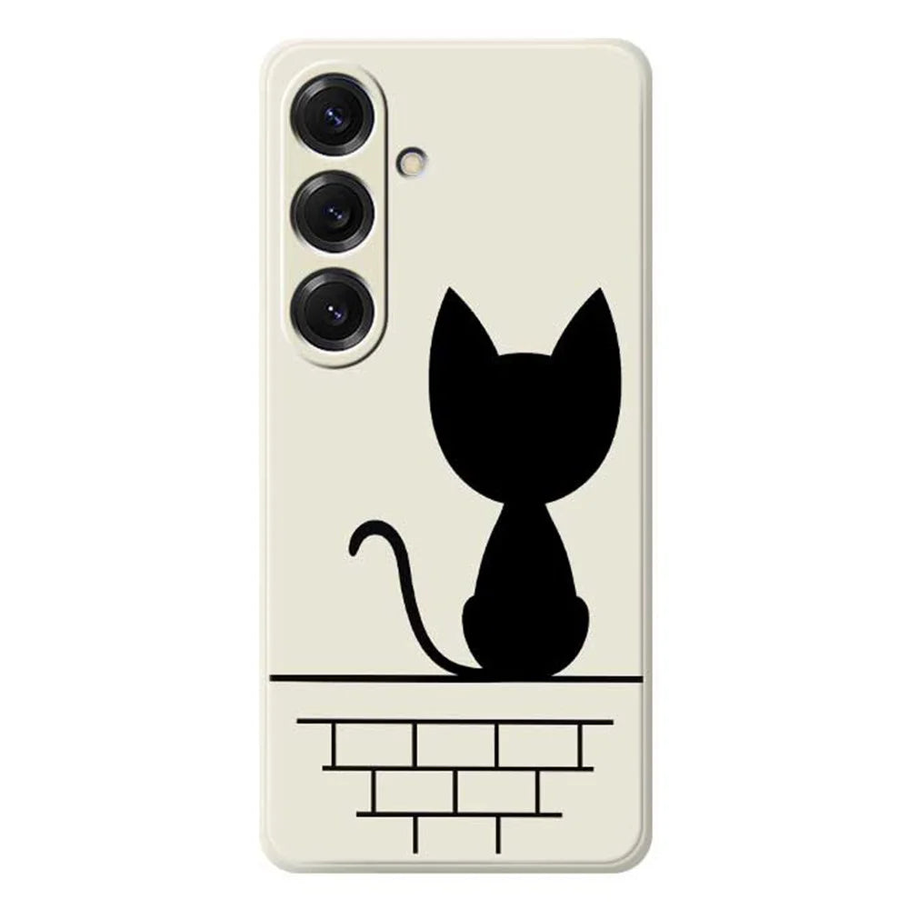 For Samsung Galaxy S25 Case Black Cat on the Wall Pattern Printing Straight Edge TPU Phone Back Cover - Beige - 1