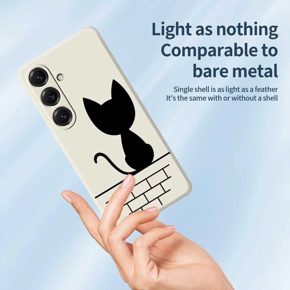 For Samsung Galaxy S25 Case Black Cat on the Wall Pattern Printing Straight Edge TPU Phone Back Cover - Beige - 4
