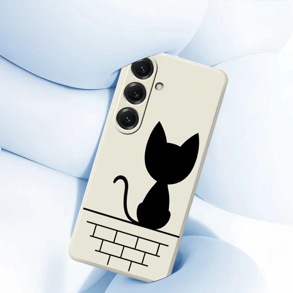 For Samsung Galaxy S25 Case Black Cat on the Wall Pattern Printing Straight Edge TPU Phone Back Cover - Beige - 5