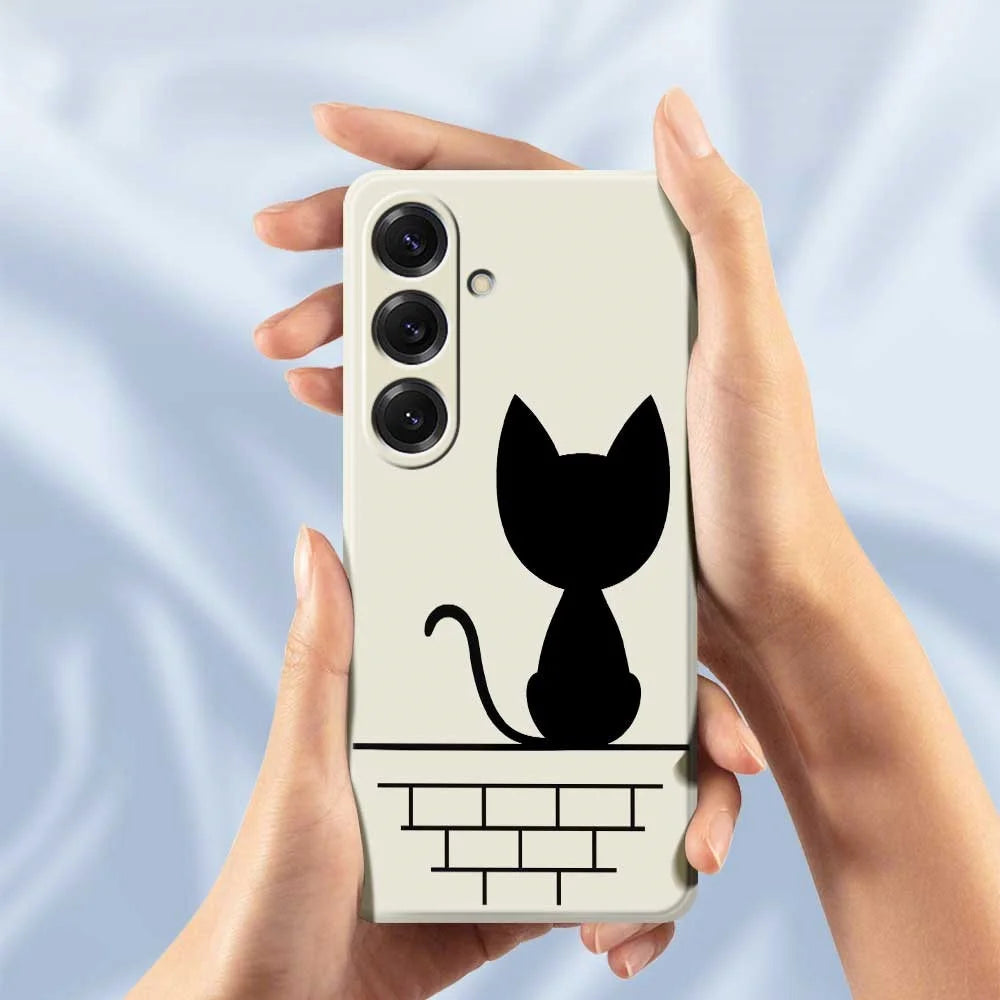 For Samsung Galaxy S25 Case Black Cat on the Wall Pattern Printing Straight Edge TPU Phone Back Cover - Beige - 6