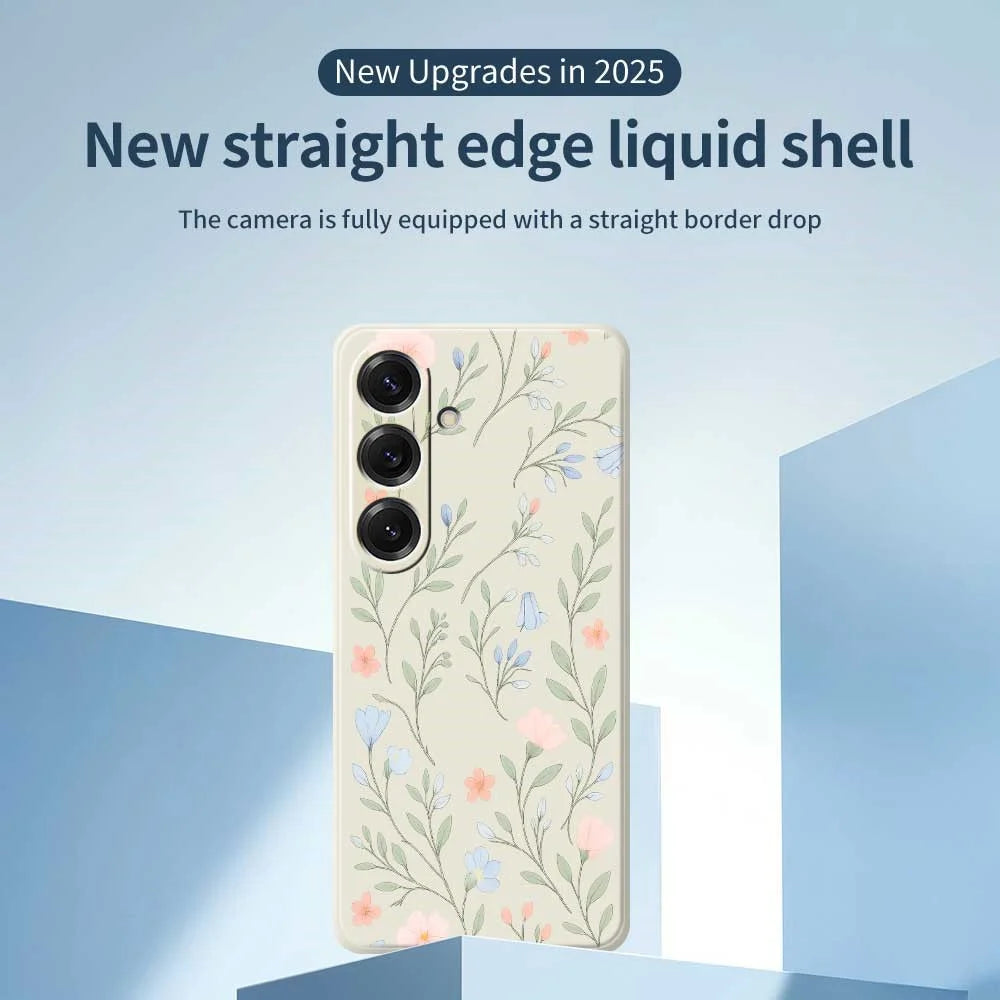 For Samsung Galaxy S25 Case Pink Blue Flowers Pattern Printing Straight Edge TPU Phone Back Cover - Beige - 3