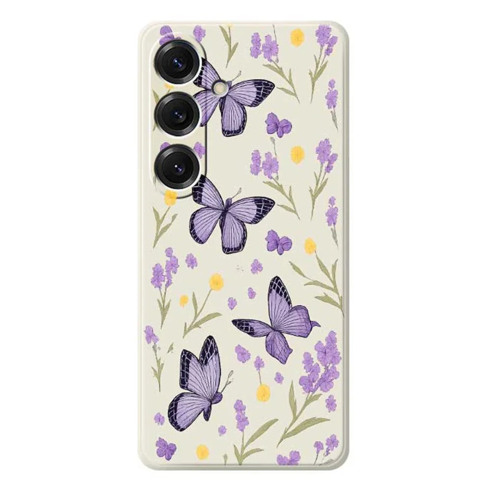 For Samsung Galaxy S25 Case Purple Butterflies Pattern Printing Straight Edge TPU Phone Back Cover - Beige - 1
