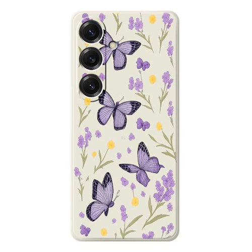 For Samsung Galaxy S25 Case Purple Butterflies Pattern Printing Straight Edge TPU Phone Back Cover - Beige - 1
