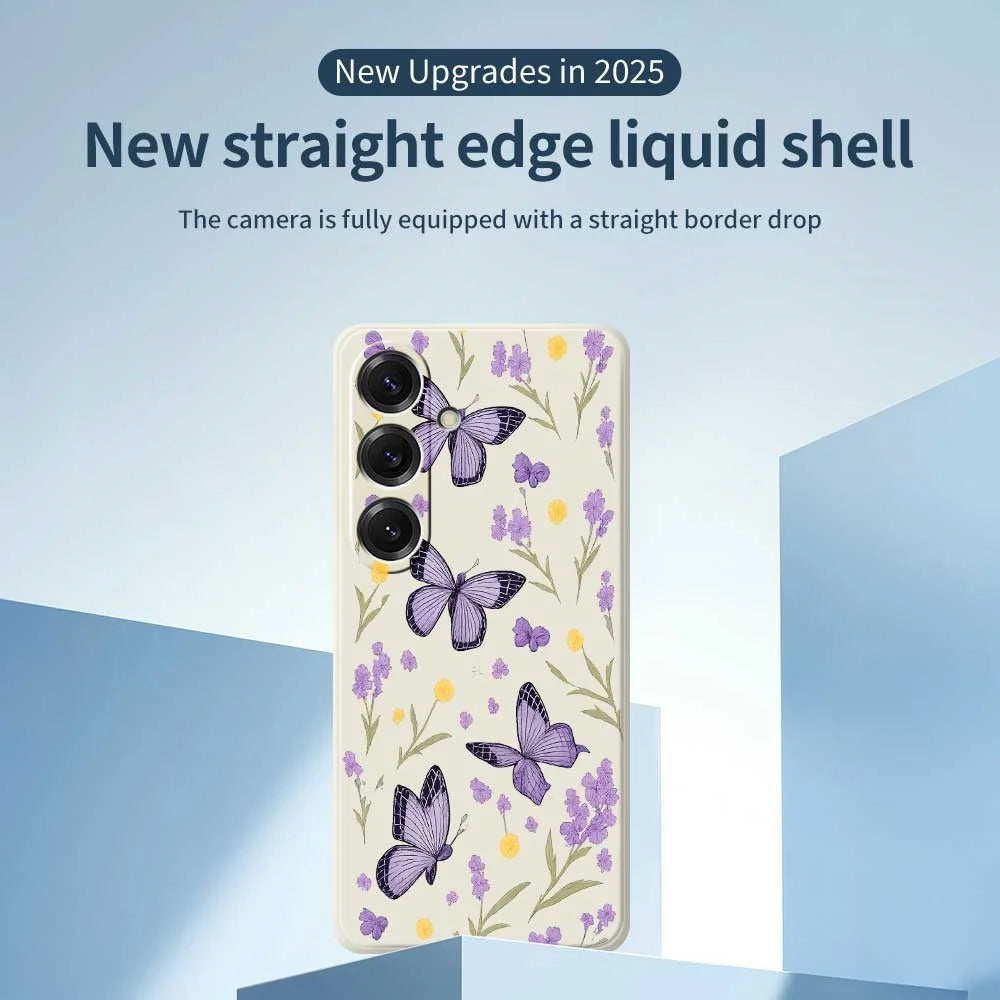 For Samsung Galaxy S25 Case Purple Butterflies Pattern Printing Straight Edge TPU Phone Back Cover - Beige - 3