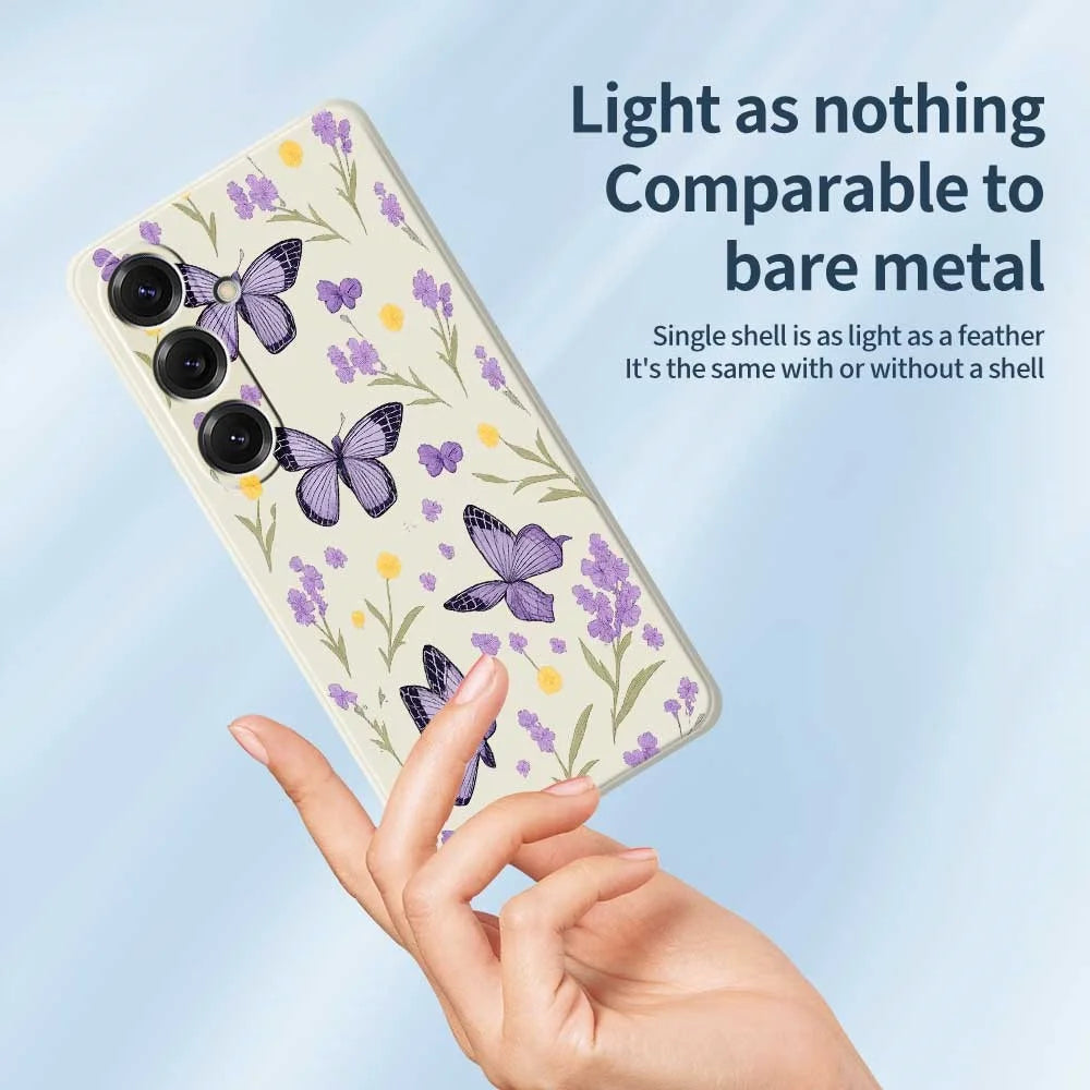For Samsung Galaxy S25 Case Purple Butterflies Pattern Printing Straight Edge TPU Phone Back Cover - Beige - 4