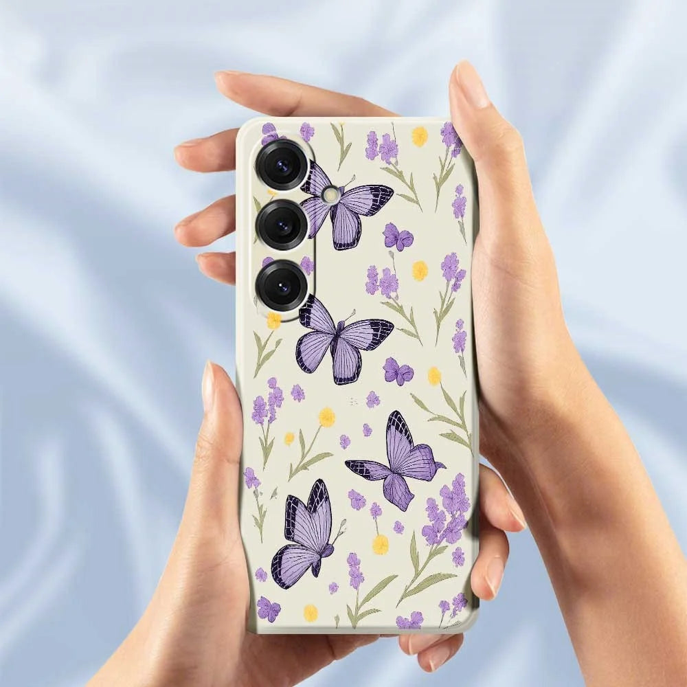For Samsung Galaxy S25 Case Purple Butterflies Pattern Printing Straight Edge TPU Phone Back Cover - Beige - 6