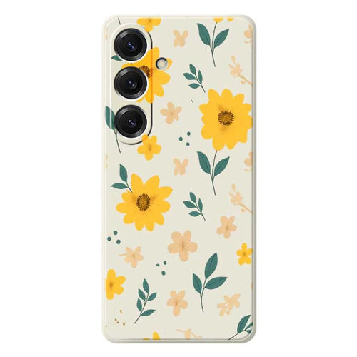 For Samsung Galaxy S25 Case Yellow Floral and Leaves Pattern Printing Straight Edge TPU Phone Back Cover - Beige - 1