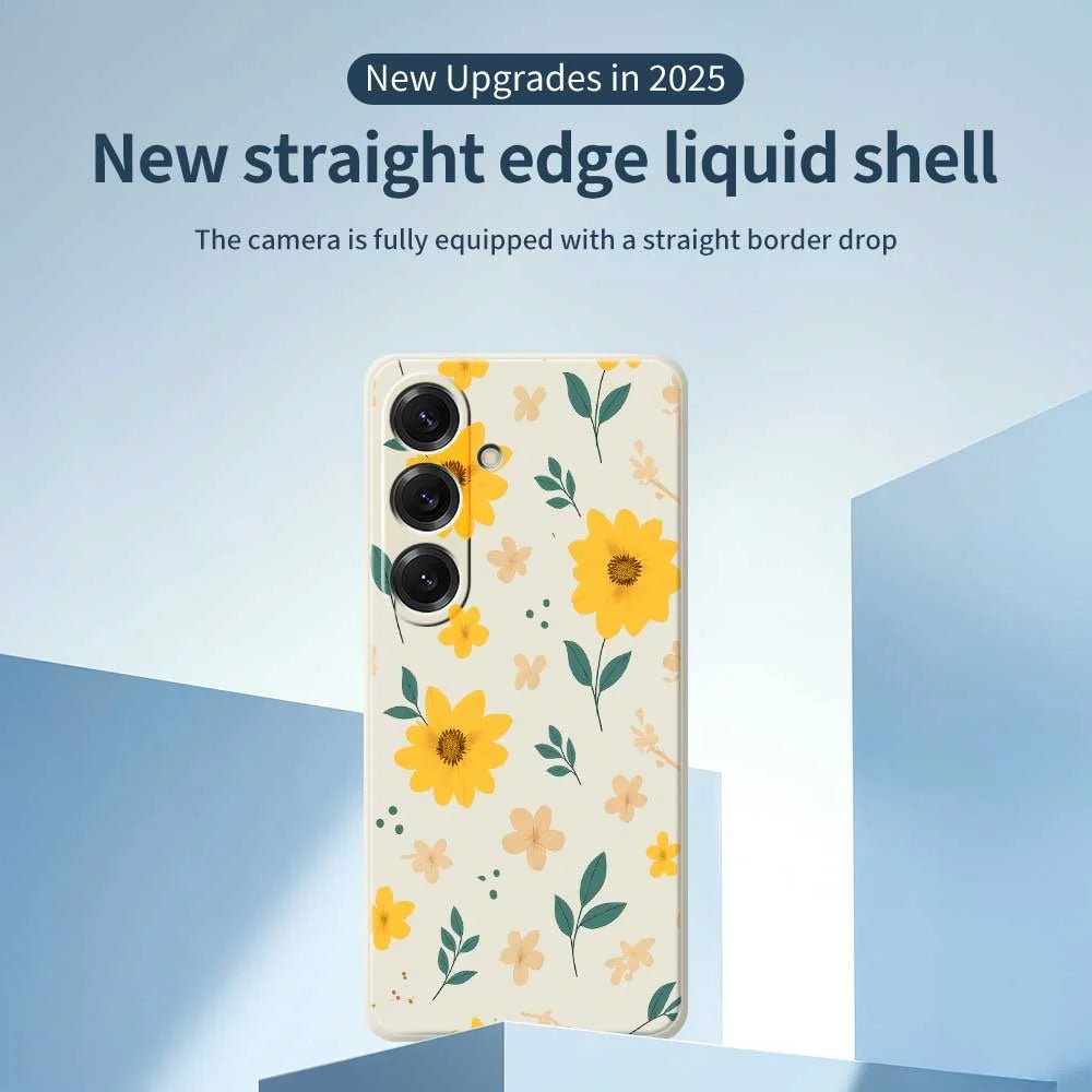 For Samsung Galaxy S25 Case Yellow Floral and Leaves Pattern Printing Straight Edge TPU Phone Back Cover - Beige - 3