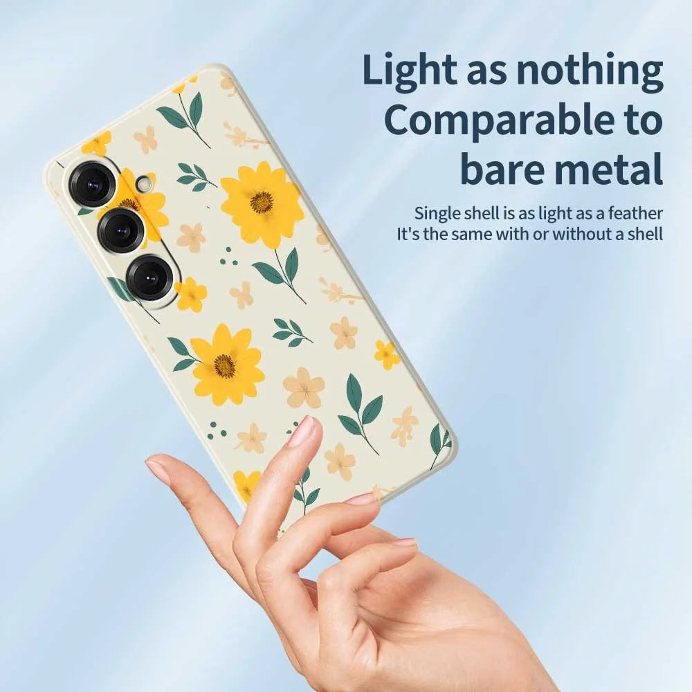 For Samsung Galaxy S25 Case Yellow Floral and Leaves Pattern Printing Straight Edge TPU Phone Back Cover - Beige - 4