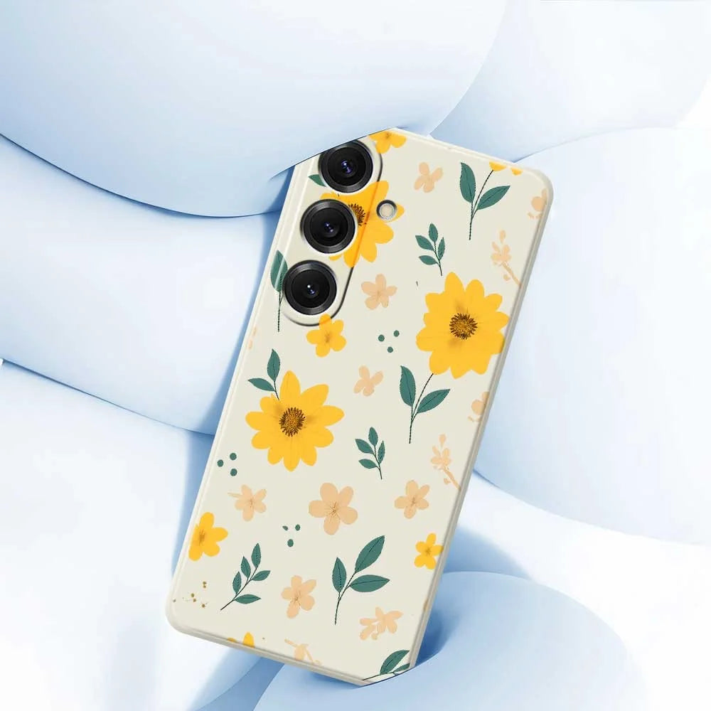 For Samsung Galaxy S25 Case Yellow Floral and Leaves Pattern Printing Straight Edge TPU Phone Back Cover - Beige - 5