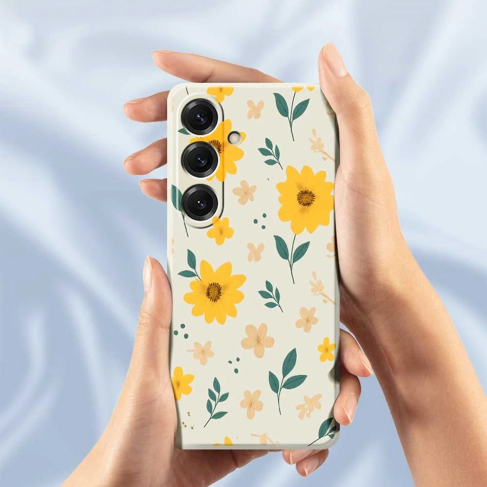 For Samsung Galaxy S25 Case Yellow Floral and Leaves Pattern Printing Straight Edge TPU Phone Back Cover - Beige - 6