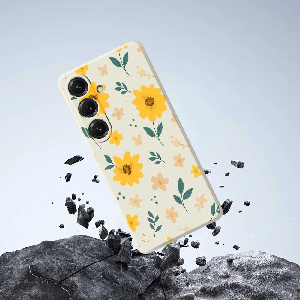 For Samsung Galaxy S25 Case Yellow Floral and Leaves Pattern Printing Straight Edge TPU Phone Back Cover - Beige - 7