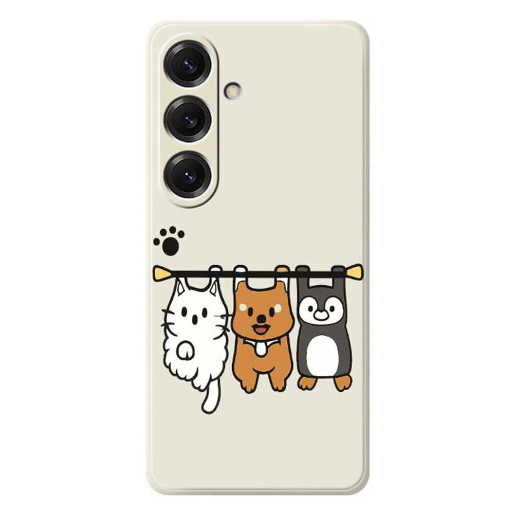 For Samsung Galaxy S25 Case Three Animal Dolls Pattern Printing Straight Edge TPU Phone Back Cover - Beige - 1