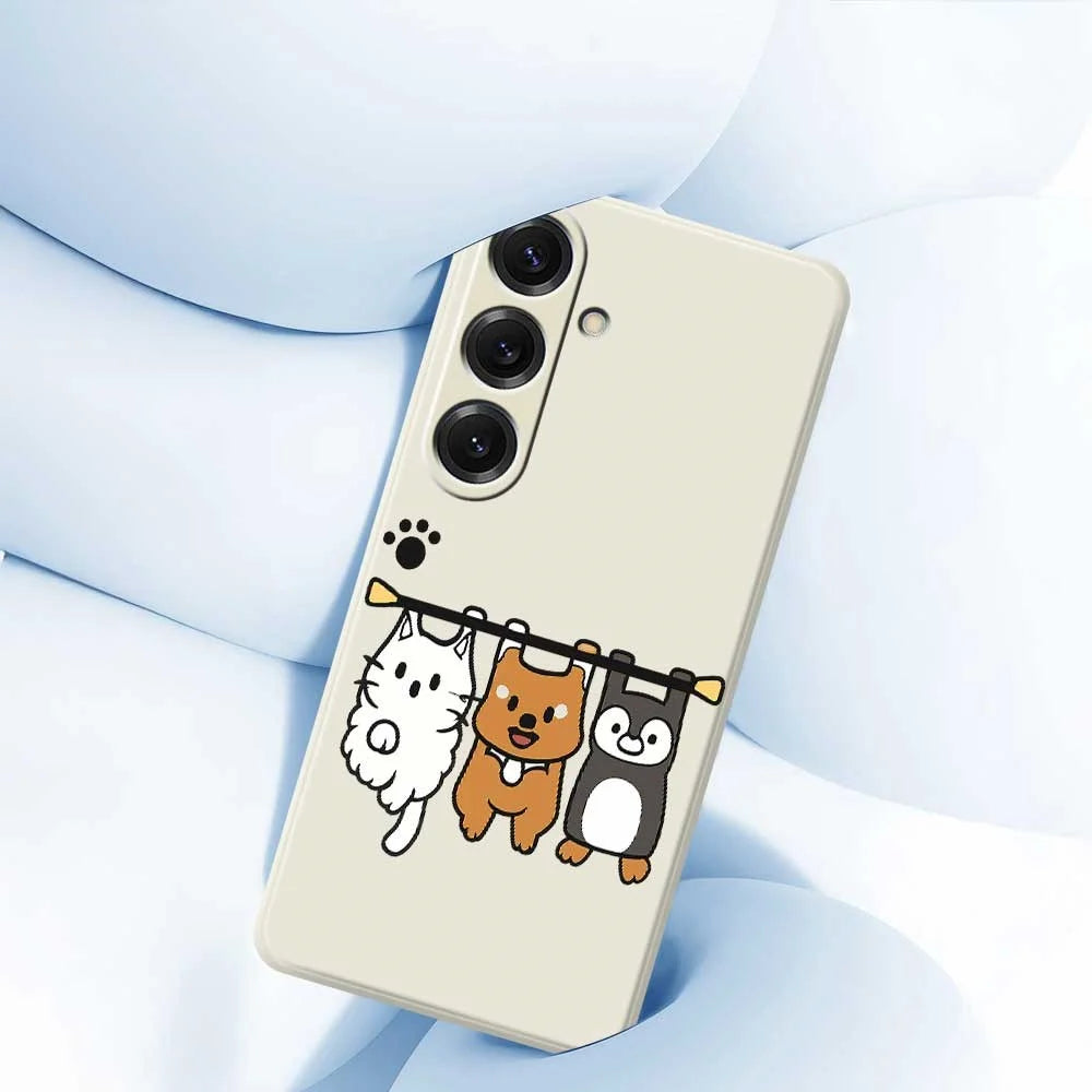 For Samsung Galaxy S25 Case Three Animal Dolls Pattern Printing Straight Edge TPU Phone Back Cover - Beige - 5