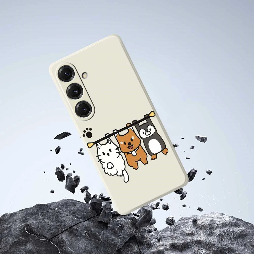 For Samsung Galaxy S25 Case Three Animal Dolls Pattern Printing Straight Edge TPU Phone Back Cover - Beige - 7