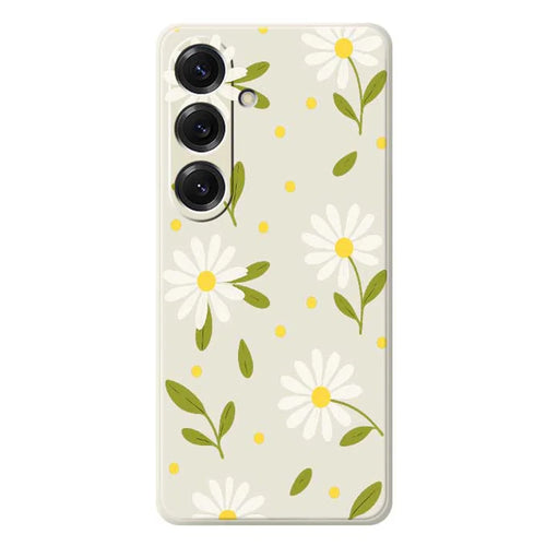 For Samsung Galaxy S25 Case White Flowers Green Leaves Pattern Printing Straight Edge TPU Phone Back Cover - Beige - 1