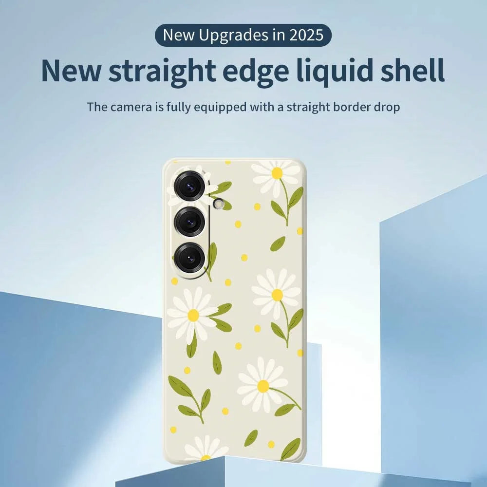 For Samsung Galaxy S25 Case White Flowers Green Leaves Pattern Printing Straight Edge TPU Phone Back Cover - Beige - 3