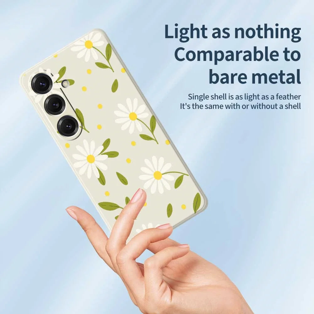 For Samsung Galaxy S25 Case White Flowers Green Leaves Pattern Printing Straight Edge TPU Phone Back Cover - Beige - 4