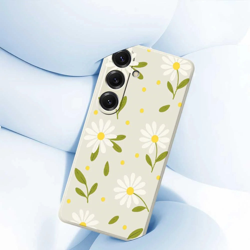 For Samsung Galaxy S25 Case White Flowers Green Leaves Pattern Printing Straight Edge TPU Phone Back Cover - Beige - 5