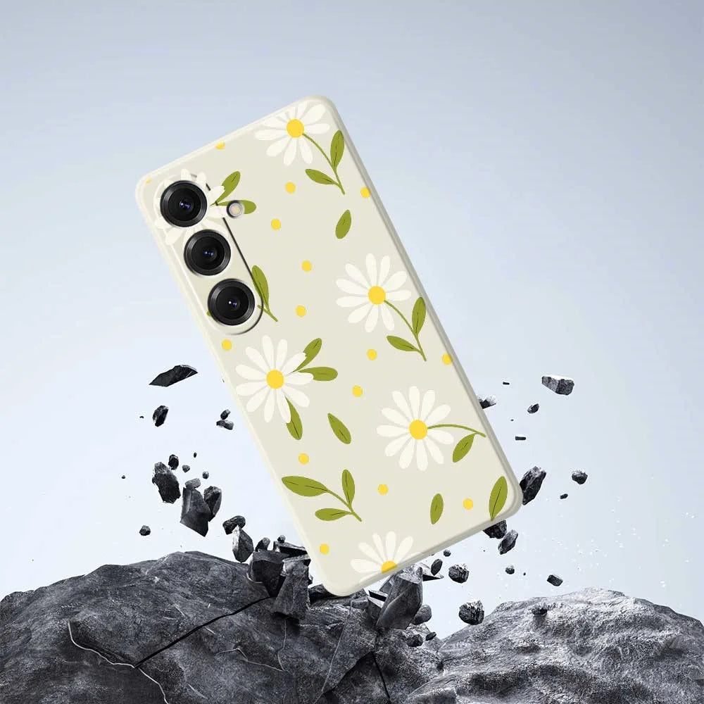 For Samsung Galaxy S25 Case White Flowers Green Leaves Pattern Printing Straight Edge TPU Phone Back Cover - Beige - 7