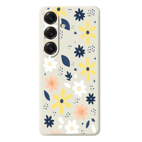 For Samsung Galaxy S25 Case Colorful Floral Blue Leaves Pattern Printing Straight Edge TPU Phone Back Cover - Beige - 1