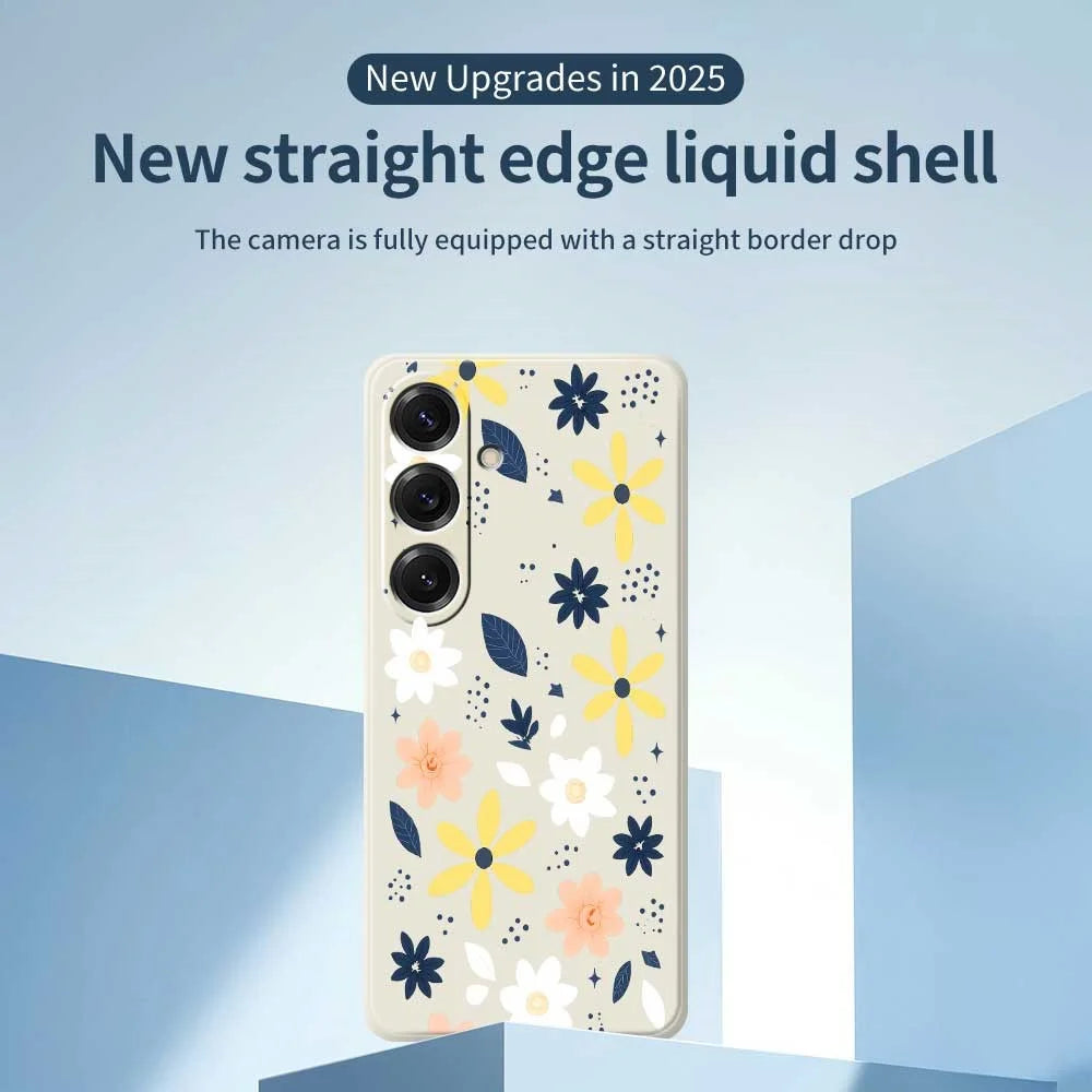 For Samsung Galaxy S25 Case Colorful Floral Blue Leaves Pattern Printing Straight Edge TPU Phone Back Cover - Beige - 3