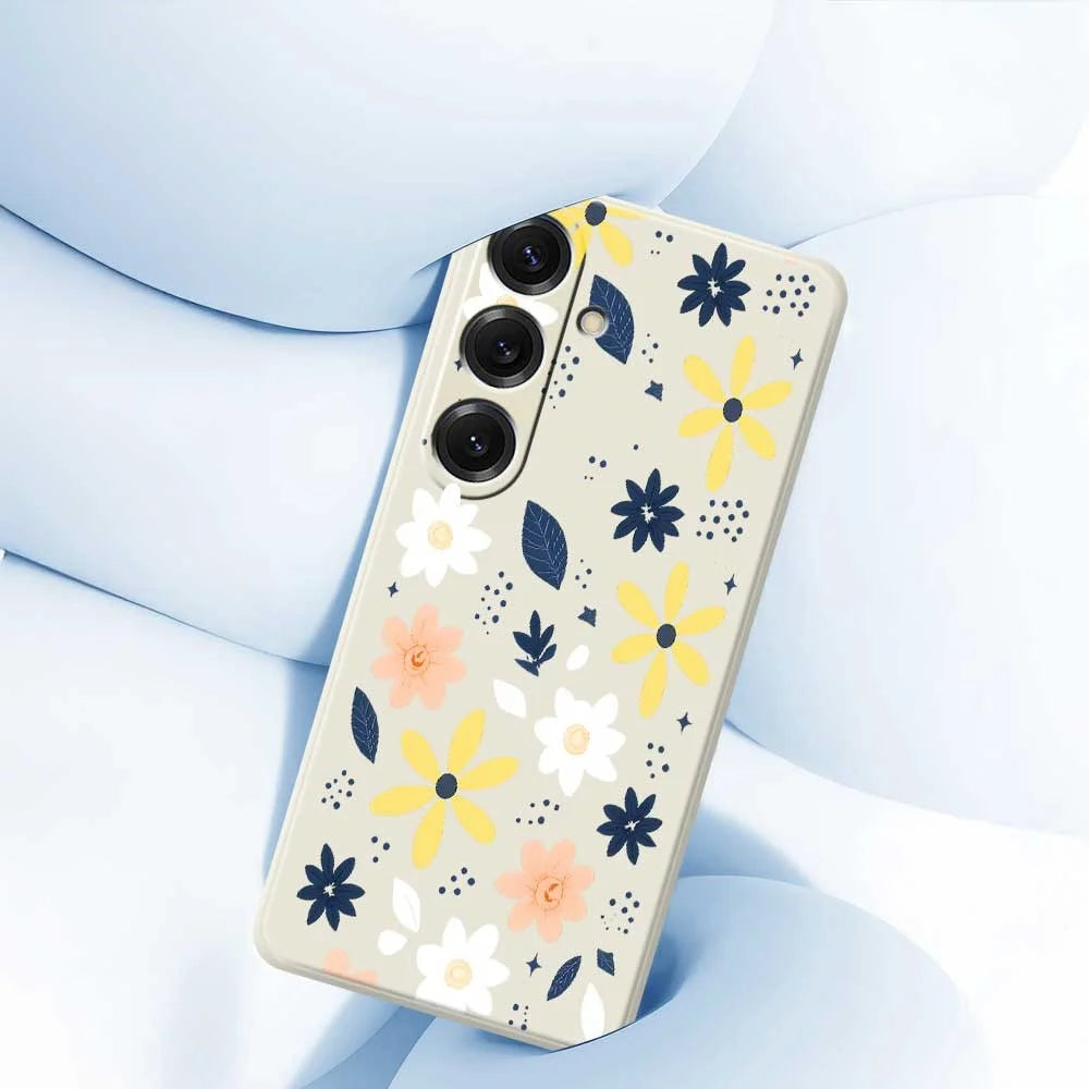 For Samsung Galaxy S25 Case Colorful Floral Blue Leaves Pattern Printing Straight Edge TPU Phone Back Cover - Beige - 5