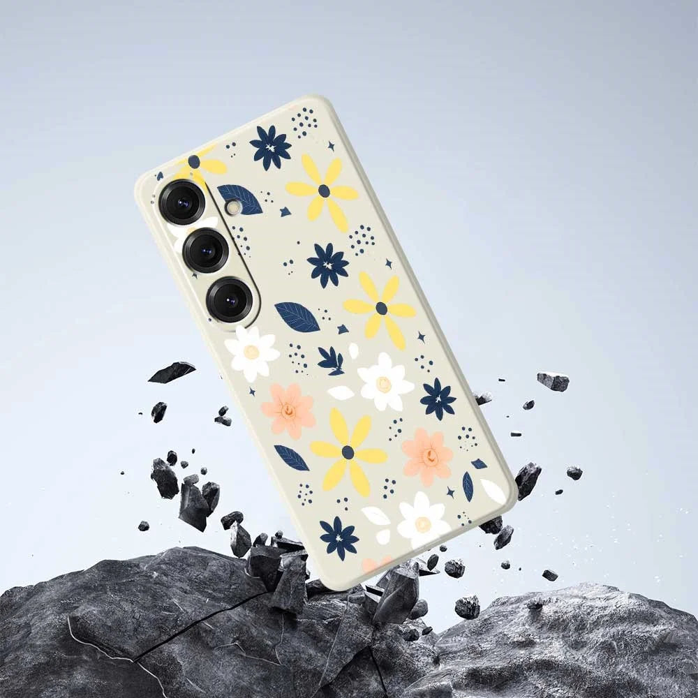 For Samsung Galaxy S25 Case Colorful Floral Blue Leaves Pattern Printing Straight Edge TPU Phone Back Cover - Beige - 7