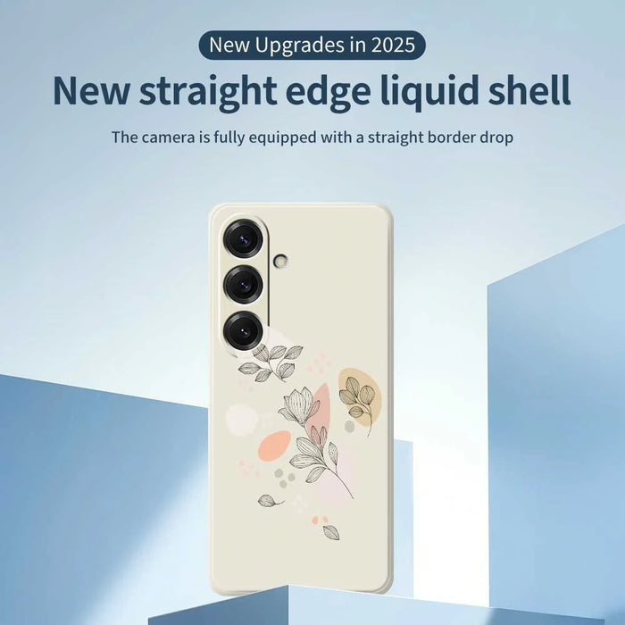 For Samsung Galaxy S25 Case Sketch Leaves Pattern Printing Straight Edge TPU Phone Back Cover - Beige - 3