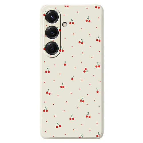 For Samsung Galaxy S25 Case Red Cherry Pattern Printing Straight Edge TPU Phone Back Cover - Beige - 1
