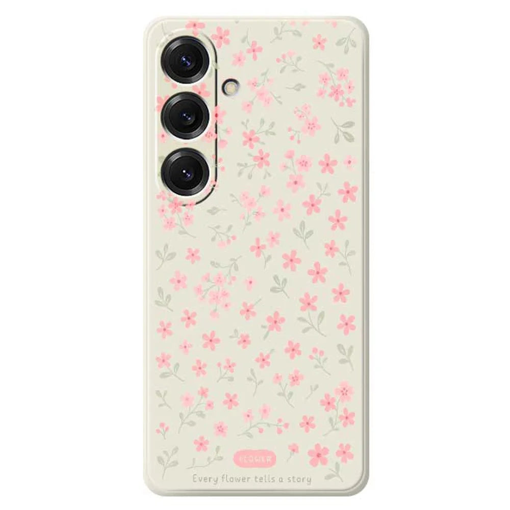 For Samsung Galaxy S25 Case Pink Small Flowers Pattern Printing Straight Edge TPU Phone Back Cover - Beige - 1