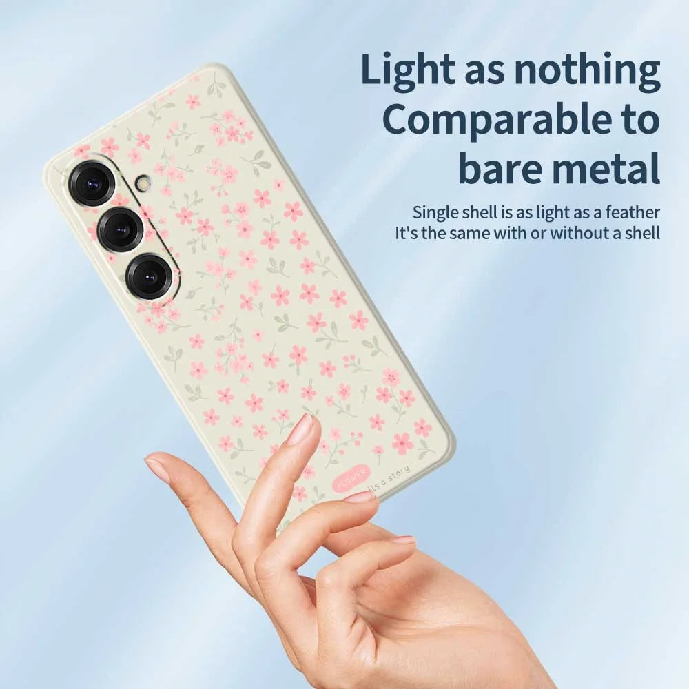 For Samsung Galaxy S25 Case Pink Small Flowers Pattern Printing Straight Edge TPU Phone Back Cover - Beige - 4