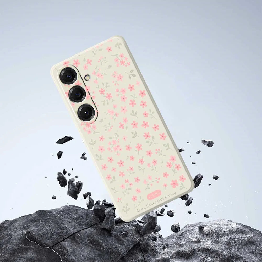For Samsung Galaxy S25 Case Pink Small Flowers Pattern Printing Straight Edge TPU Phone Back Cover - Beige - 7